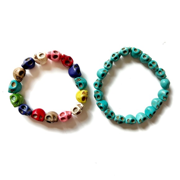 Skull Bead Bracelets Rainbow Teal Blue Stretchy Skeleton Goth Scary Halloween - Picture 14 of 14